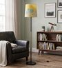Modern Slim Black Metal Floor Lamp for Living Room & Bedroom with Printed Fabric Lampshade in Yellow Color