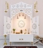 Modern White Wooden Floor Pooja Mandir with Doors Laser-Cut Om & Diya Design with Storage Cabinet