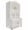 Modern White Wooden Floor Pooja Mandir with Doors Laser-Cut Om & Diya Design with Storage Cabinet