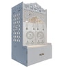 Modern White Wooden Floor Pooja Mandir with Doors Laser-Cut Om & Diya Design with Storage Cabinet