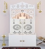 Modern White Wooden Floor Pooja Mandir with Doors Laser-Cut Om & Diya Design with Storage Cabinet
