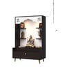 Modern Wooden Floor Pooja Mandir in Dark Finish with Open Shelves Om Engraving & Pull-Out Storage Drawer