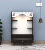 Modern Wooden Floor Pooja Mandir in Dark Finish with Open Shelves Om Engraving & Pull-Out Storage Drawer