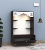 Modern Wooden Floor Pooja Mandir in Dark Finish with Open Shelves Om Engraving & Pull-Out Storage Drawer