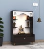 Modern Wooden Floor Pooja Mandir in Dark Finish with Open Shelves Om Engraving & Pull-Out Storage Drawer