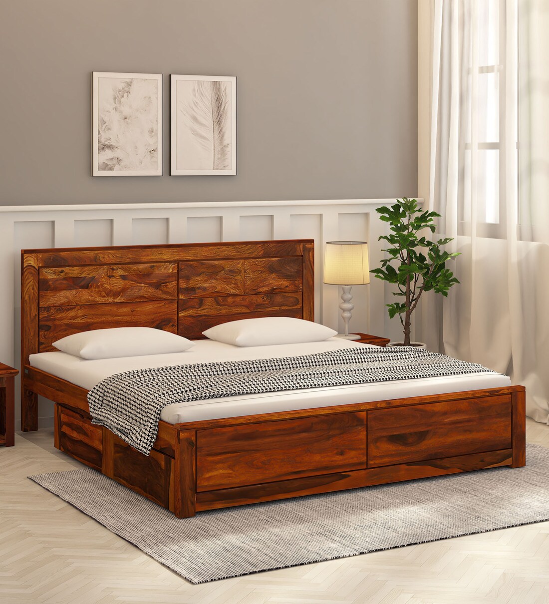 Buy Mrigal Sheesham Wood King Size Bed With Drawer Storage In Honey Oak