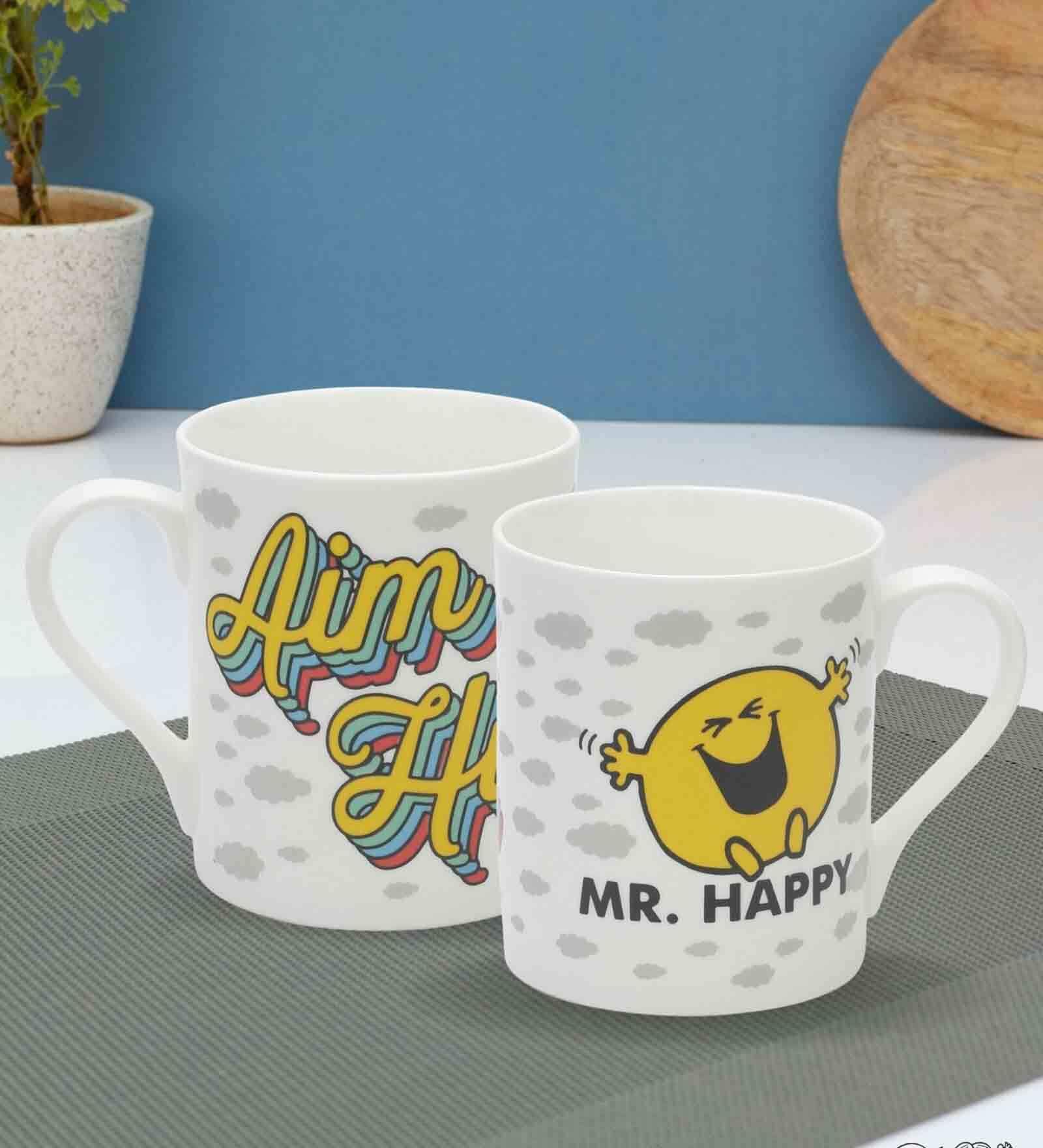 Mr. Happy 330ml White & Yellow Ceramic (Set of 2) Coffee Mug