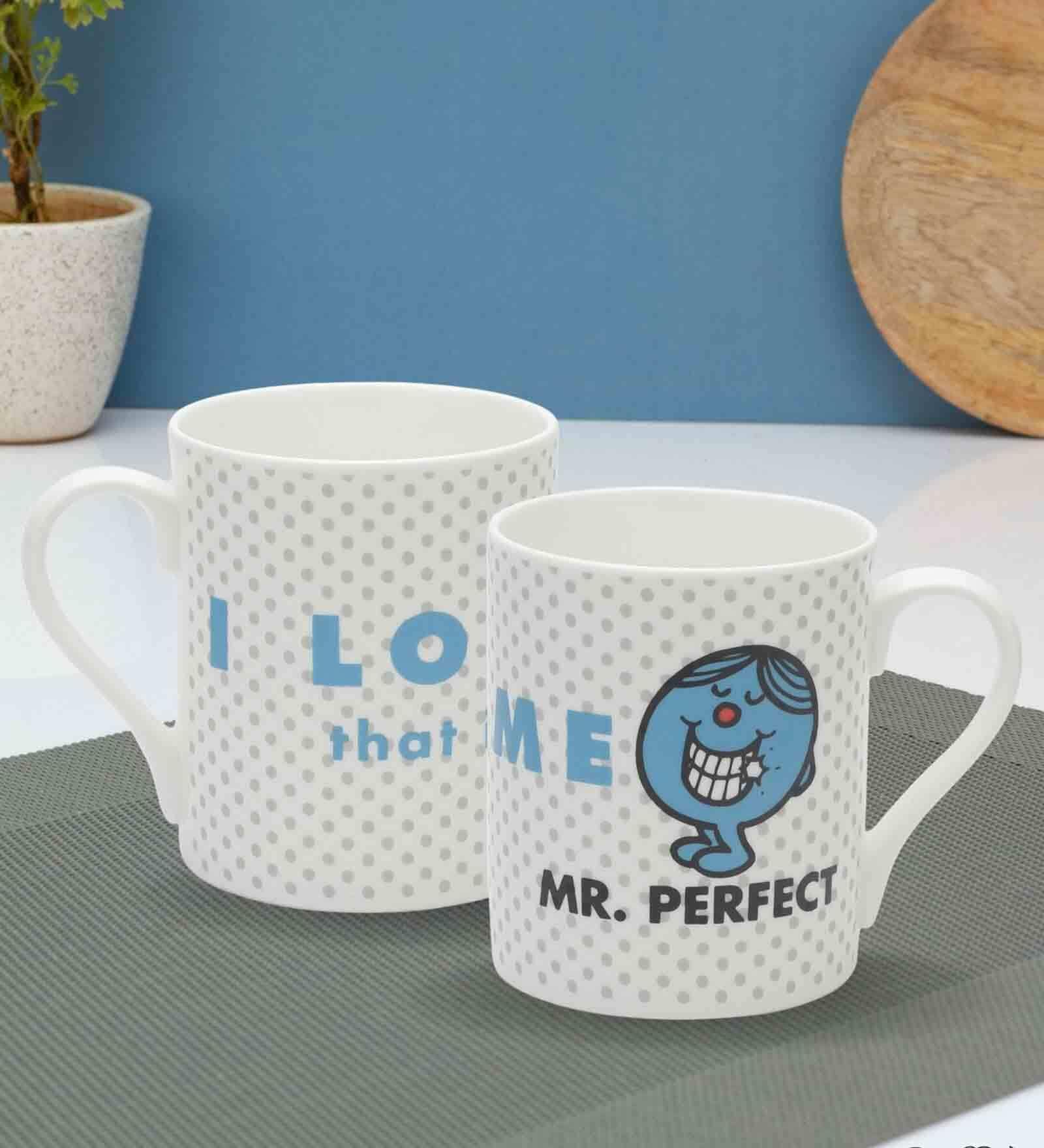 Mr. Perfect 330ml White & Blue Ceramic (Set of 2) Coffee Mug