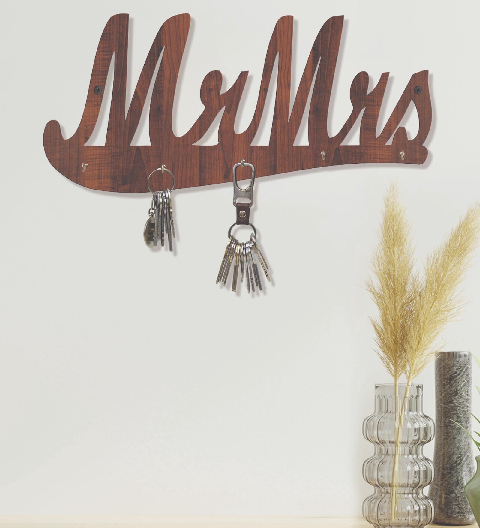 Mrmrs Walnut Finish Mdf Wall Hanging With 5 Hooks Key Holder