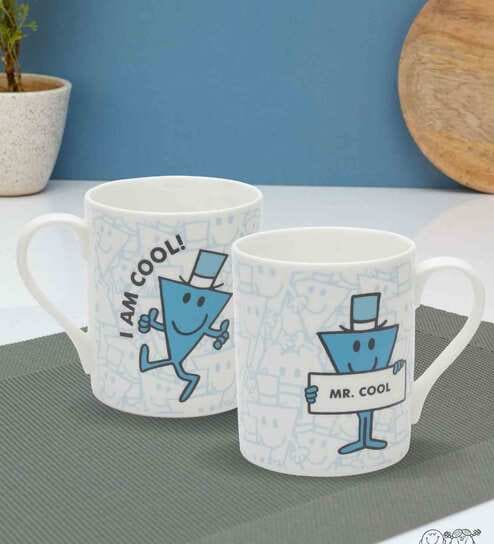 Mr. Cool 330ml White & Blue Ceramic (Set of 2) Coffee Mug