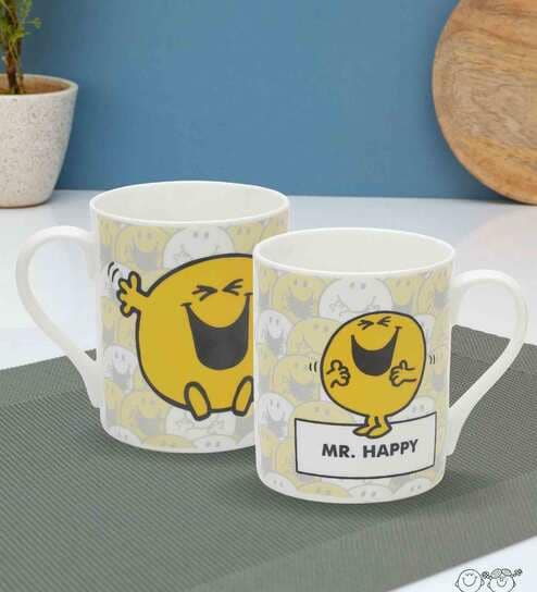 Mr. Happy 330ml Cream & Yellow Ceramic (Set of 2) Coffee Mug