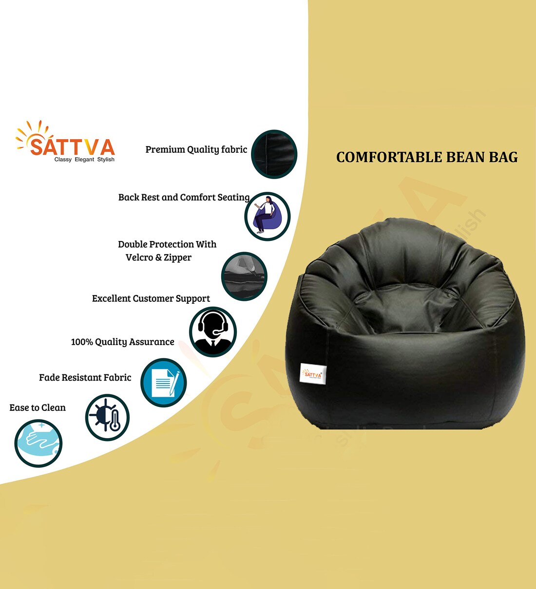 Buy Muddha XXXL Leatherette Bean Bag with Beans in Black Colour by