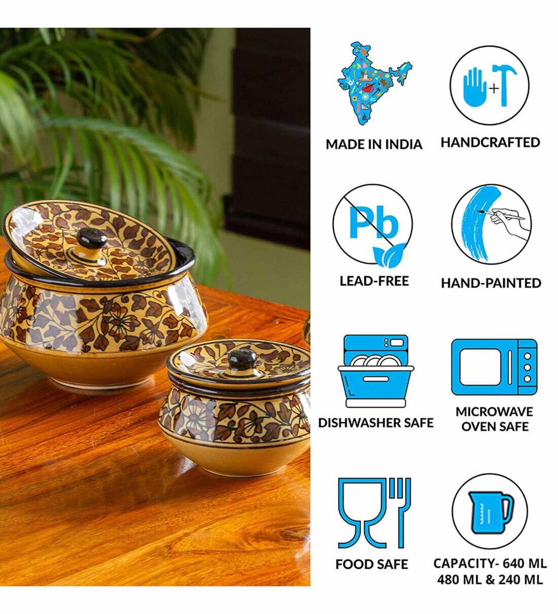 Buy Mughal Floral (Set of 3) Ceramic Serving Handi with Lid by