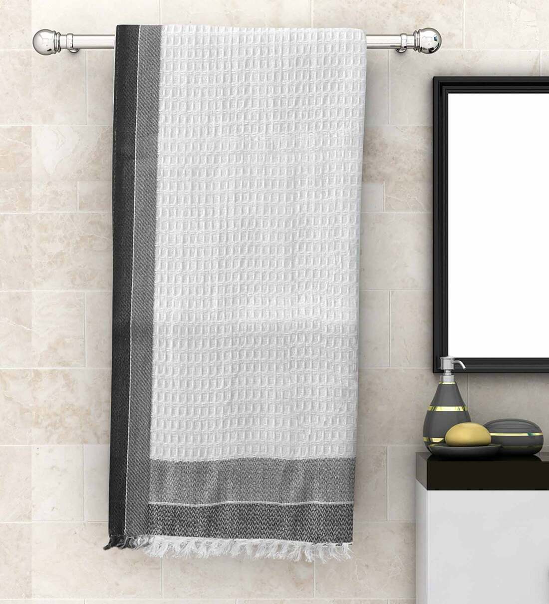 White Patterned 210 GSM Cotton Bath Towel, By Athom Living