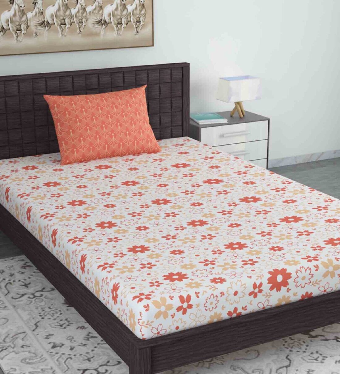 Buy Coral Floral 144 TC Cotton Single Bed Sized Bed Sheets With 1 Pillow Cover by Divine Casa