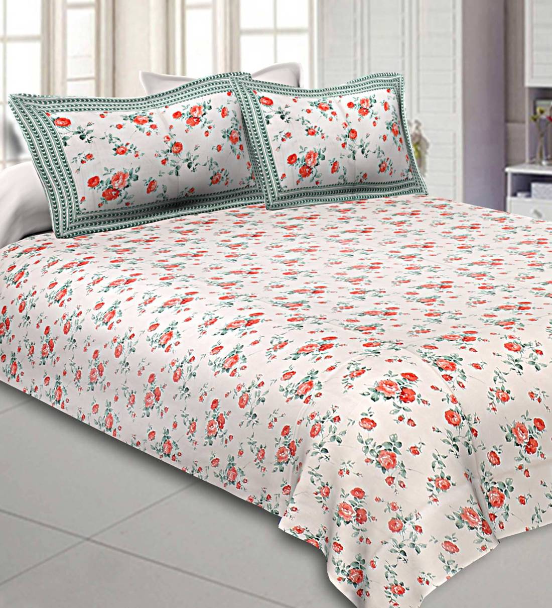 Buy White Floral 300 TC Cotton 1 Double Bedsheet with 2 Pillow Covers