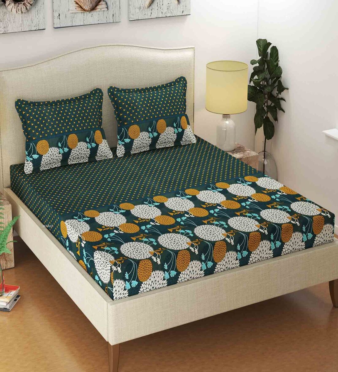 Buy Teal Floral 250 TC Poly Cotton Fitted King Size Bedsheet with 2
