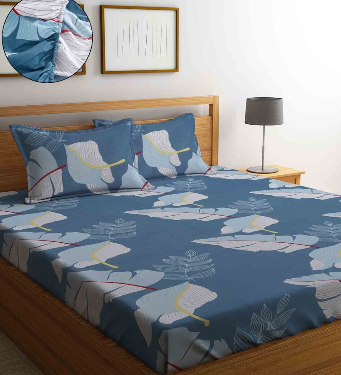 Buy Blue Floral 280 TC Cotton Blend Queen Sized Fitted Bed Sheets with