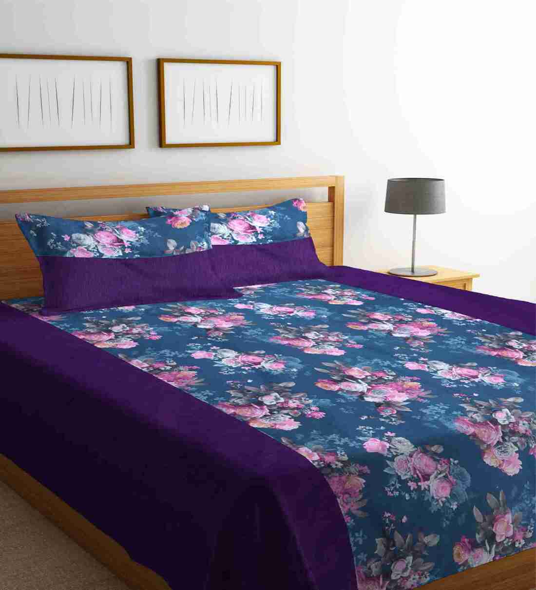 Buy Multicolor Floral 300 TC Cotton 1 King Sized Double Bedcover With 2