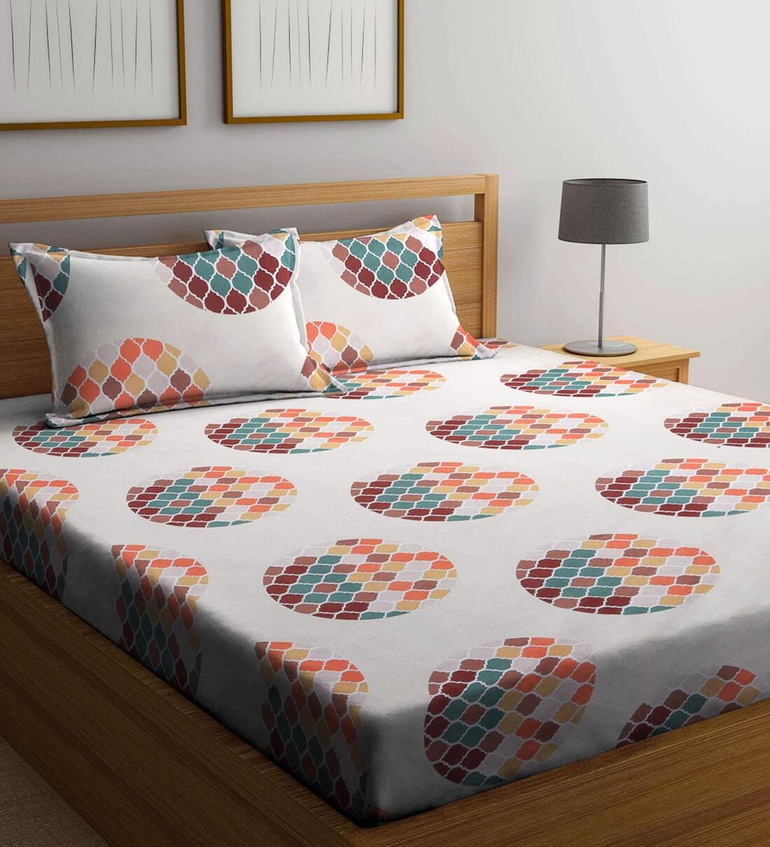 Buy White Geometric 210 TC Cotton Blend King Sized Bed Sheets with 2