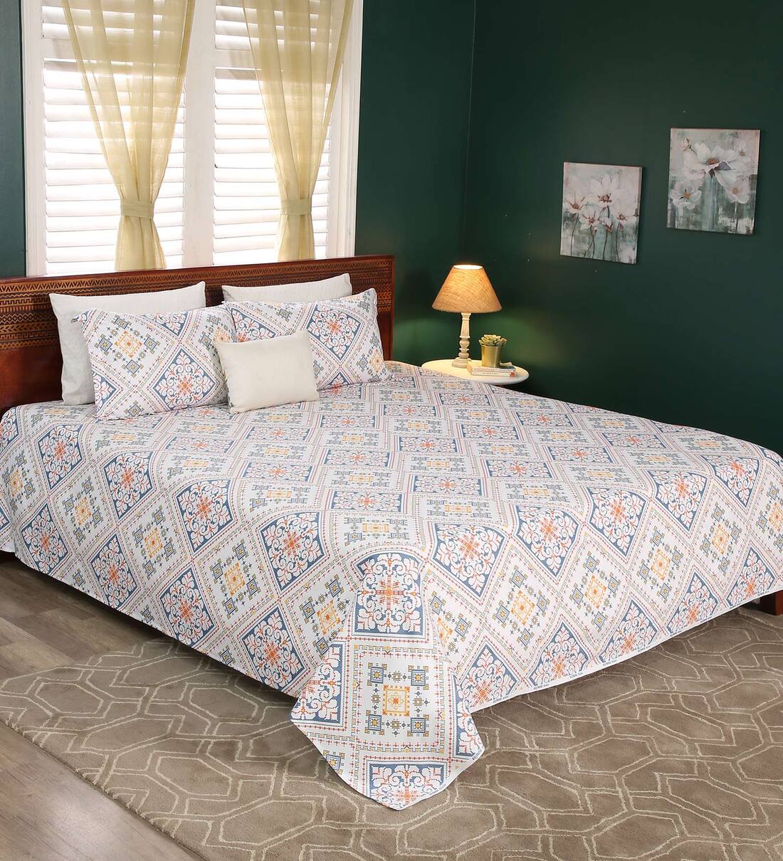 Buy Multicolor Geometric 200 TC Cotton King Sized Bed Sheets with 2 Pillow Covers by Raymond