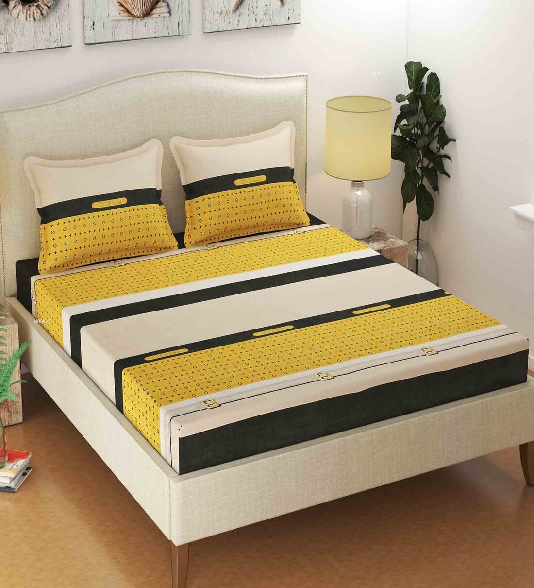 Buy Yellow Striped 250 TC Poly Cotton Fitted King Size Bedsheet with 2