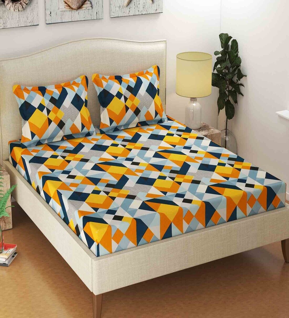 Buy Multicolor Geometric 250 TC Poly Cotton Fitted King Size Bedsheet