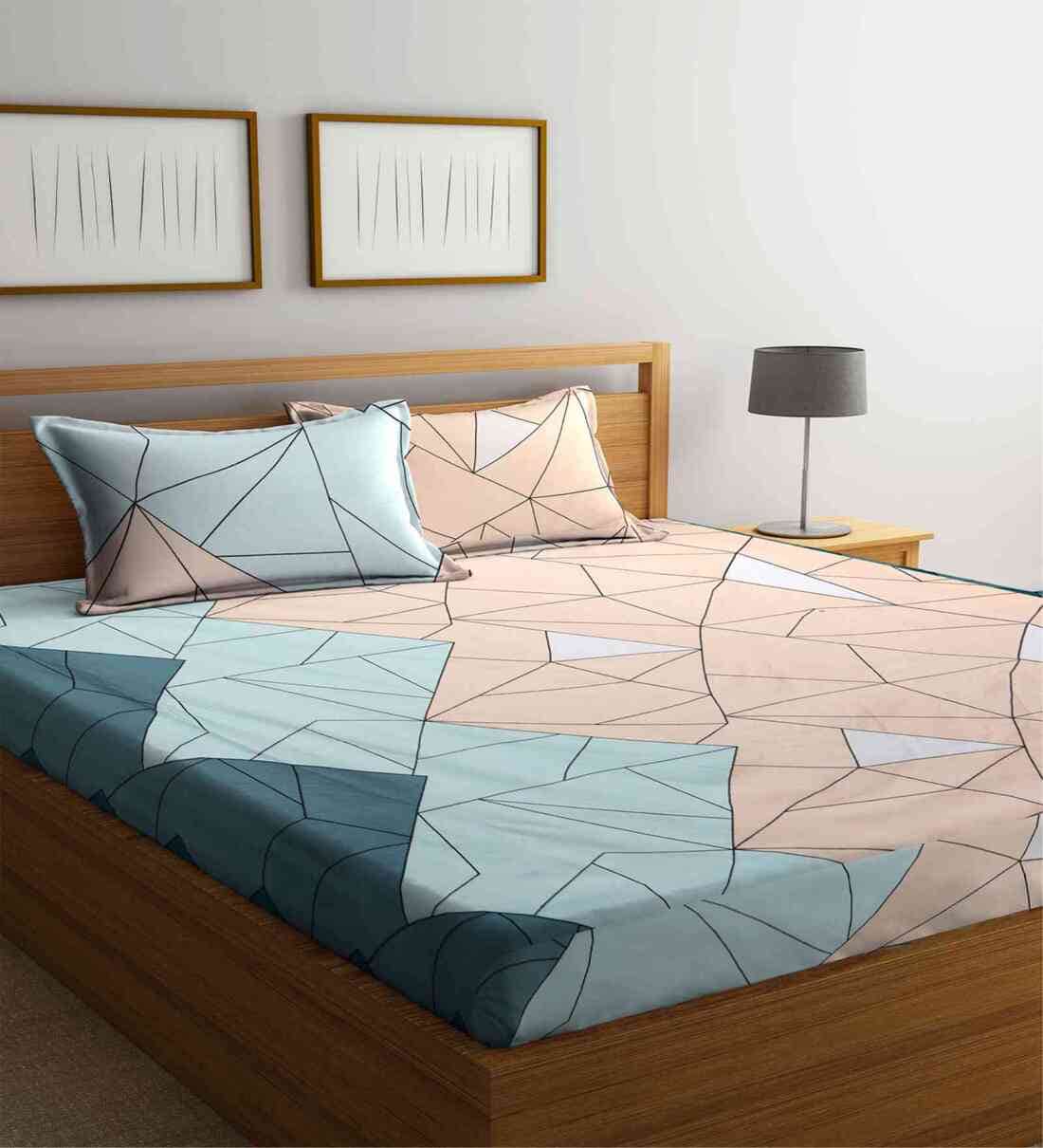 Buy Multicolor Geometric 300 TC Cotton Blend King Sized Bed Sheets with