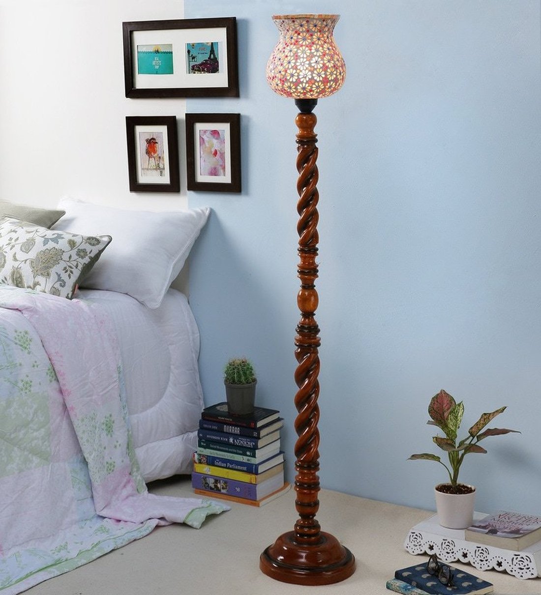 Buy Multicolor Glass Shade Floor Lamp with Brown Base by New Era Online