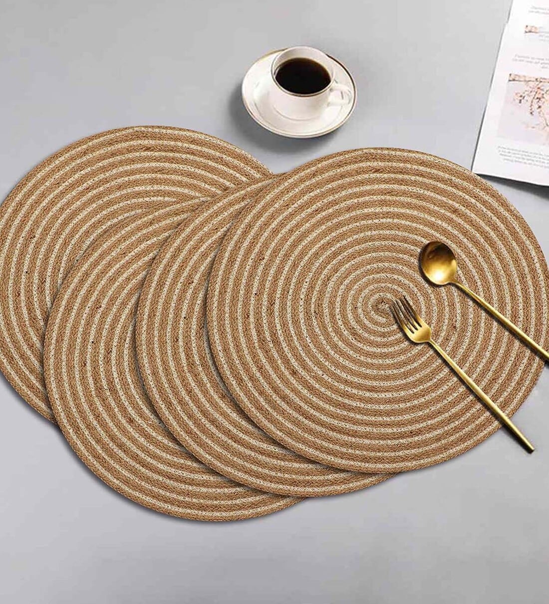 Buy Brown Jute Geometric 15x15 Inches Placematss (Pack of 4) by Luxe