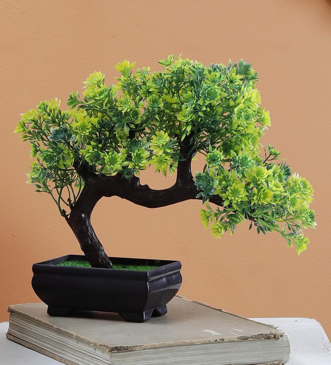 Buy Green Yellow Flowers Plastic Bent Artificial Bonsai Tree With Brown Pot By Foliyaj Online Artificial Plants Artificial Plants Home Decor Pepperfry Product
