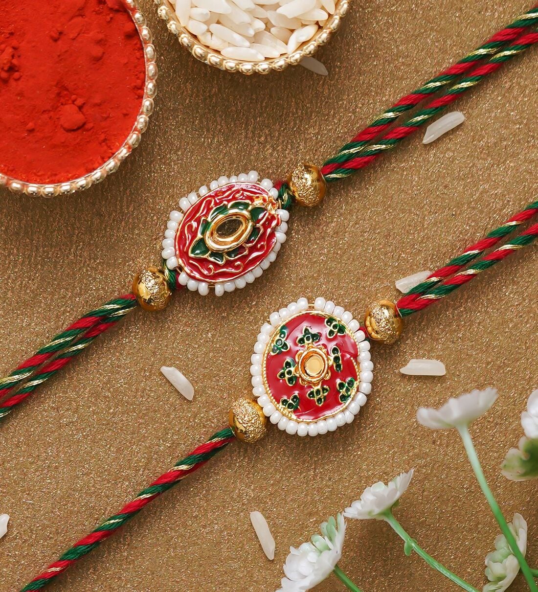 Buy Multicolor Set of 2 Semi Precious Designer Rakhis with Roli Chawal ...