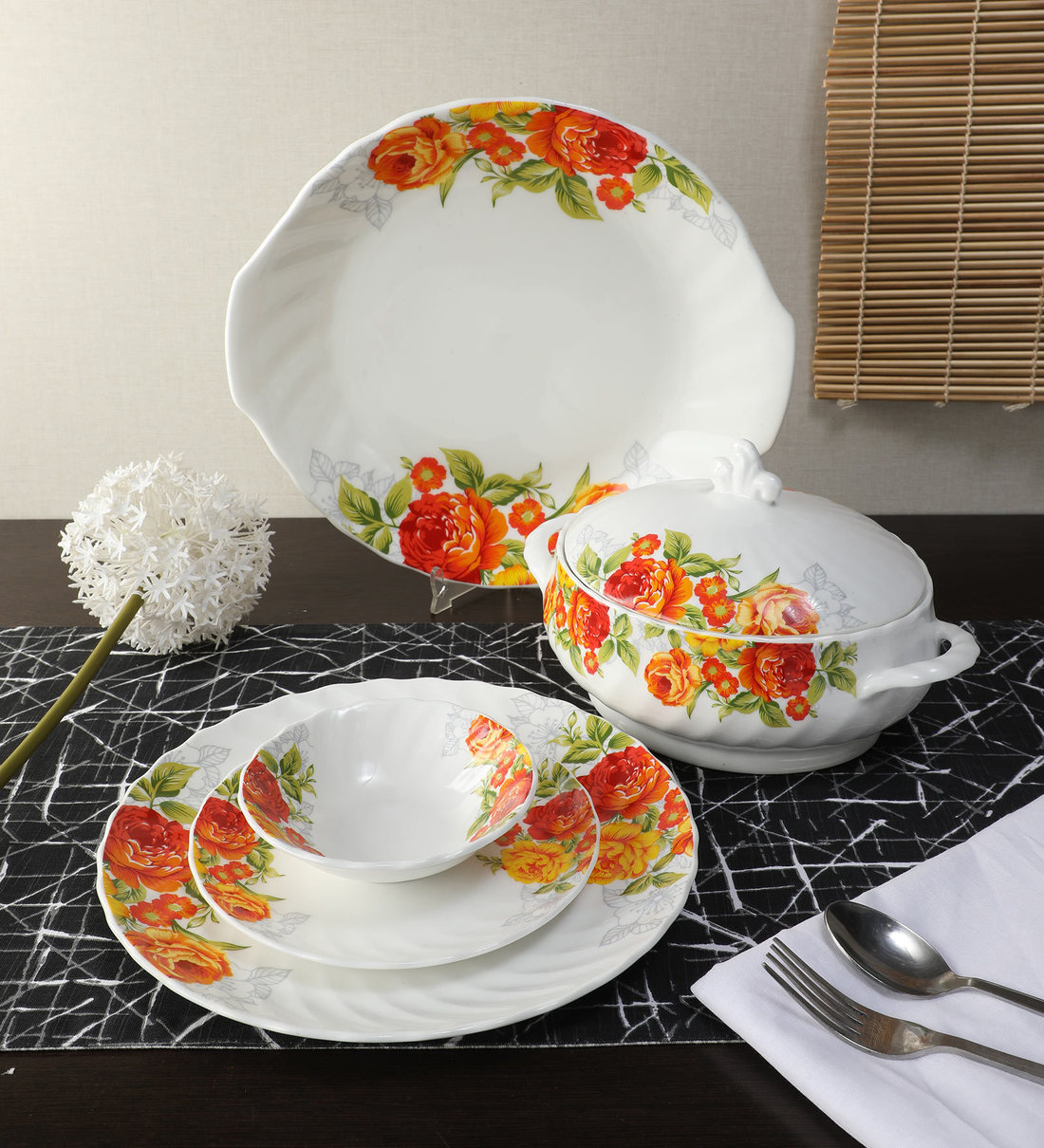 Buy Orange Rose Print Bone China Dinner Set 21 Pieces By Bp