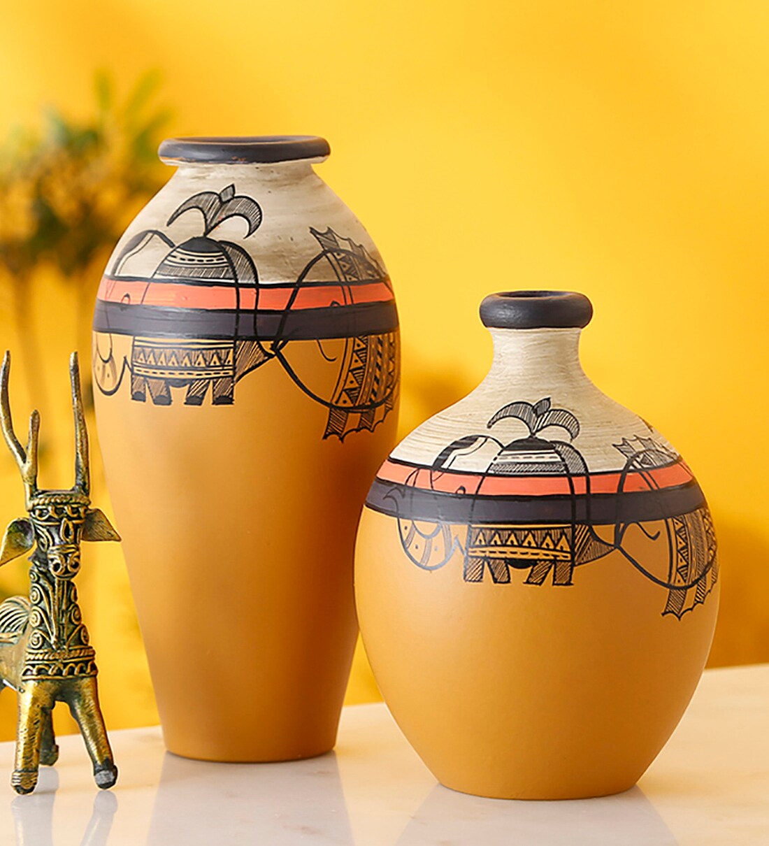 Buy Multicolor Earthen Warli Painting Terracotta Vase, Set of 2 by