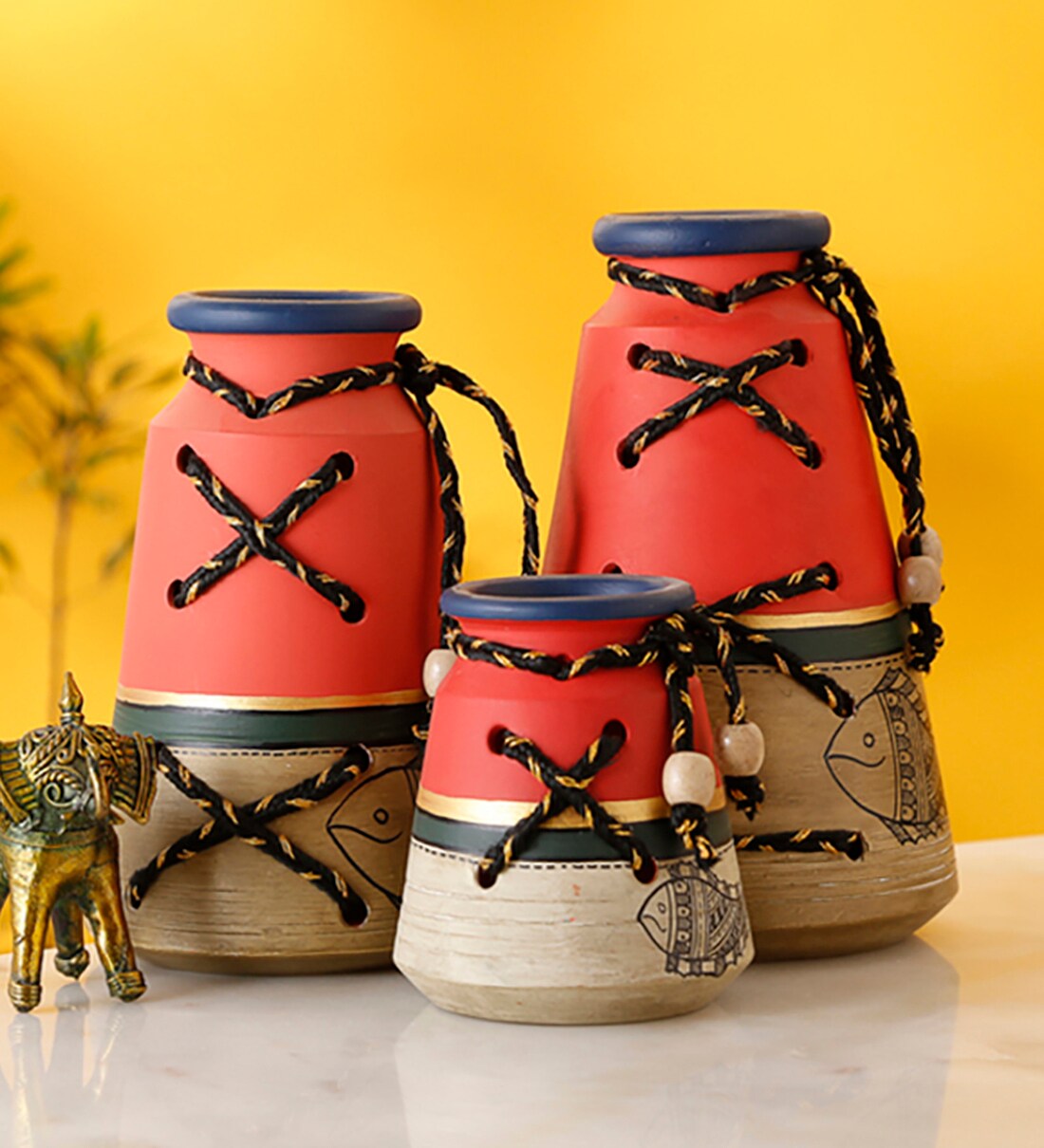 Buy Multicolor Earthen Warli Painting Terracotta Vase, Set of 3 by ...