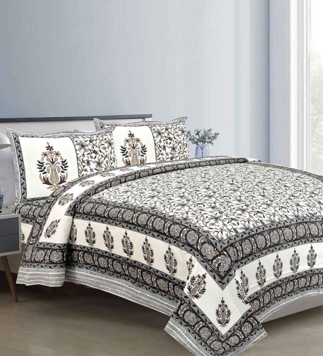 Buy Grey Traditional 144 TC 100 Cotton King Sized Bed Sheets with 2