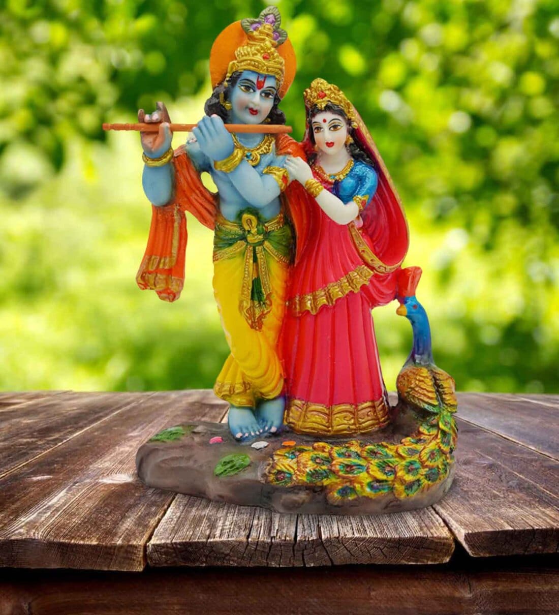 Buy Multicolour Marble Handpainted Radha Krishna Idol with Flute by
