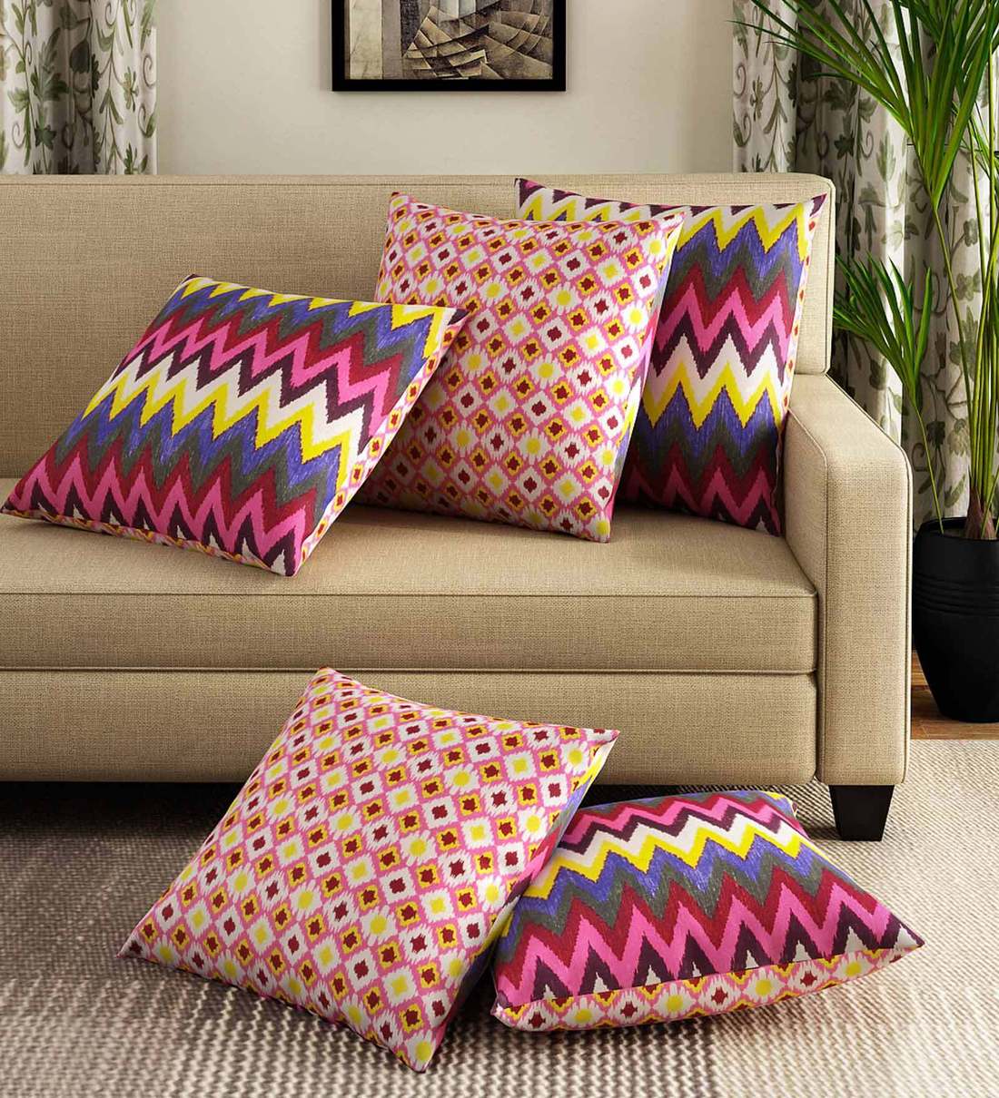 Buy Geometric Pattern Polyester Pink 12x12 Inch Cushion Covers By