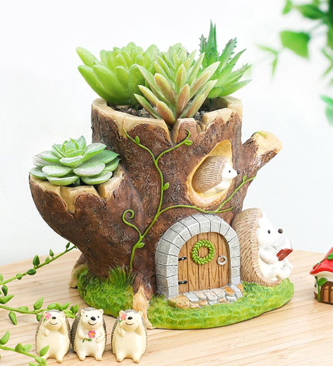 Buy Multicolour Resin Hedgehog Reading Below Treehouse Succulent Pot By ...