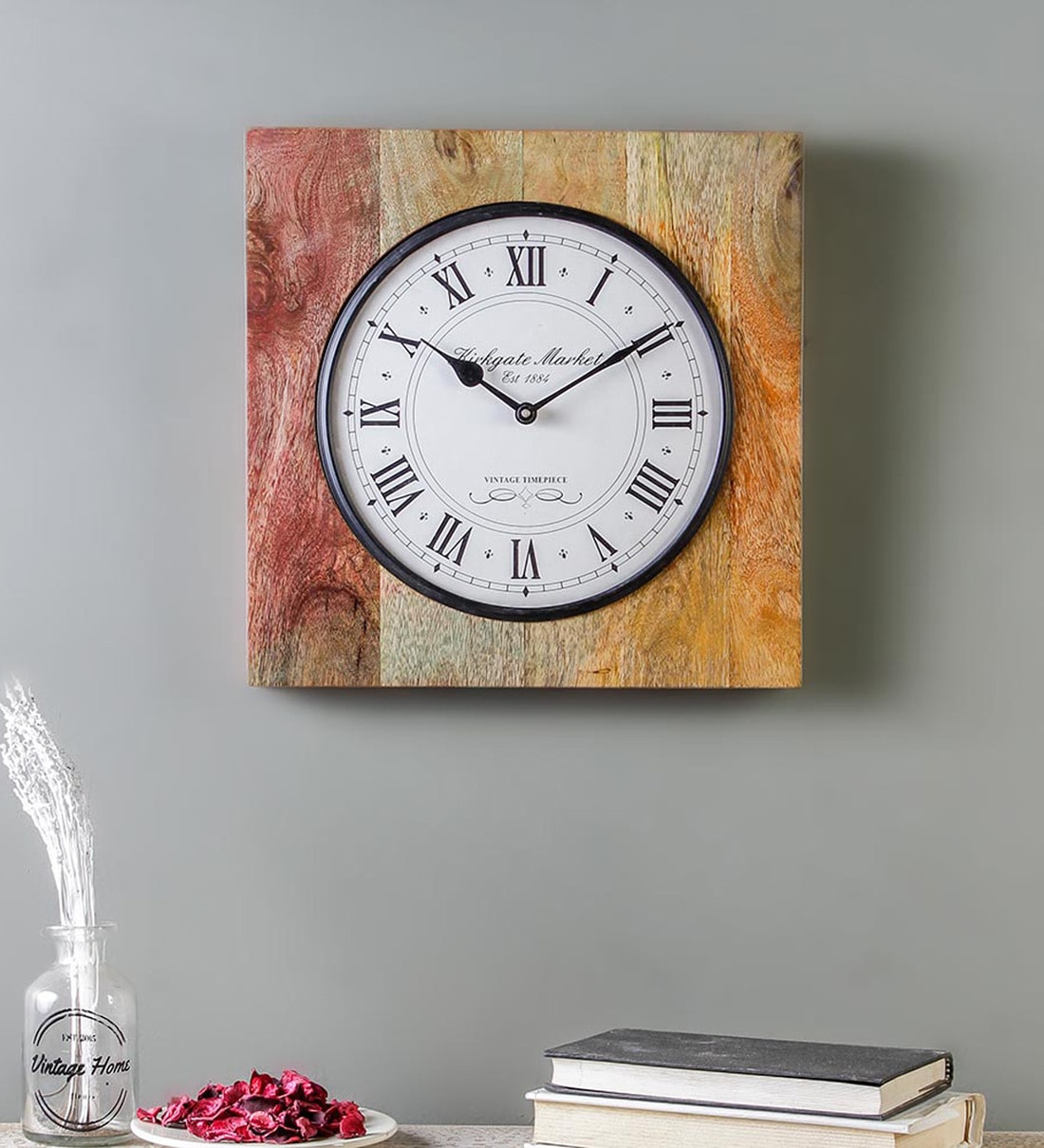 Buy Multicolour Solid Wood Analog Wall Clock by Fabuliv Online