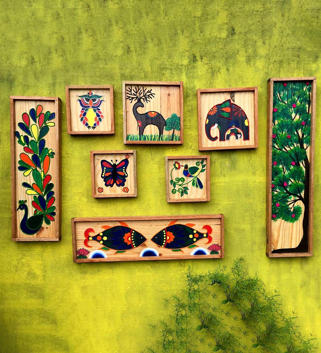 Buy Multicolour Wooden Hand Painted Wall Decor Tiles - Set Of 8 By