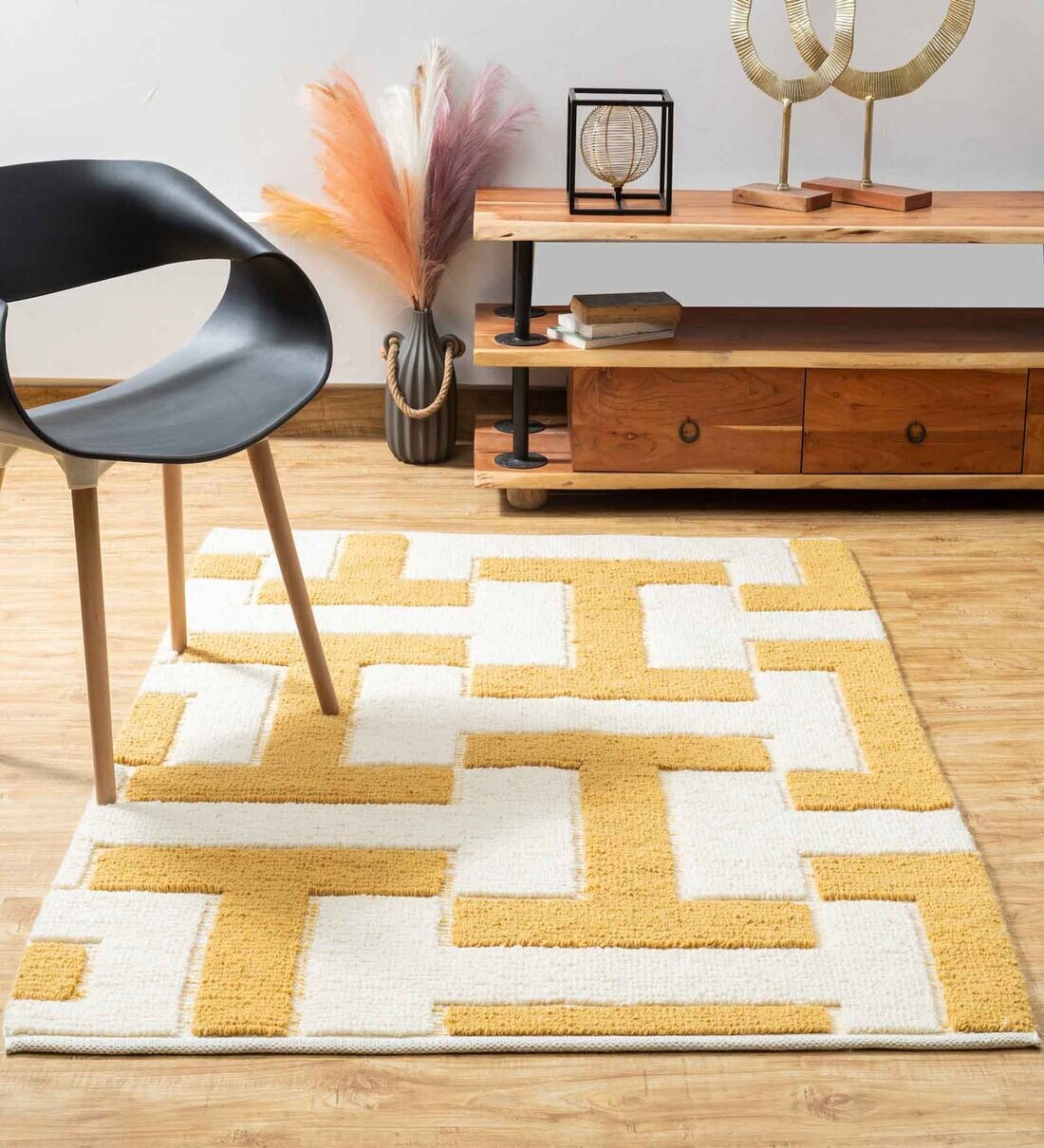 Buy Mustard & White Wool and Cotton Abstract 8 feet x 5 feet Hand Woven