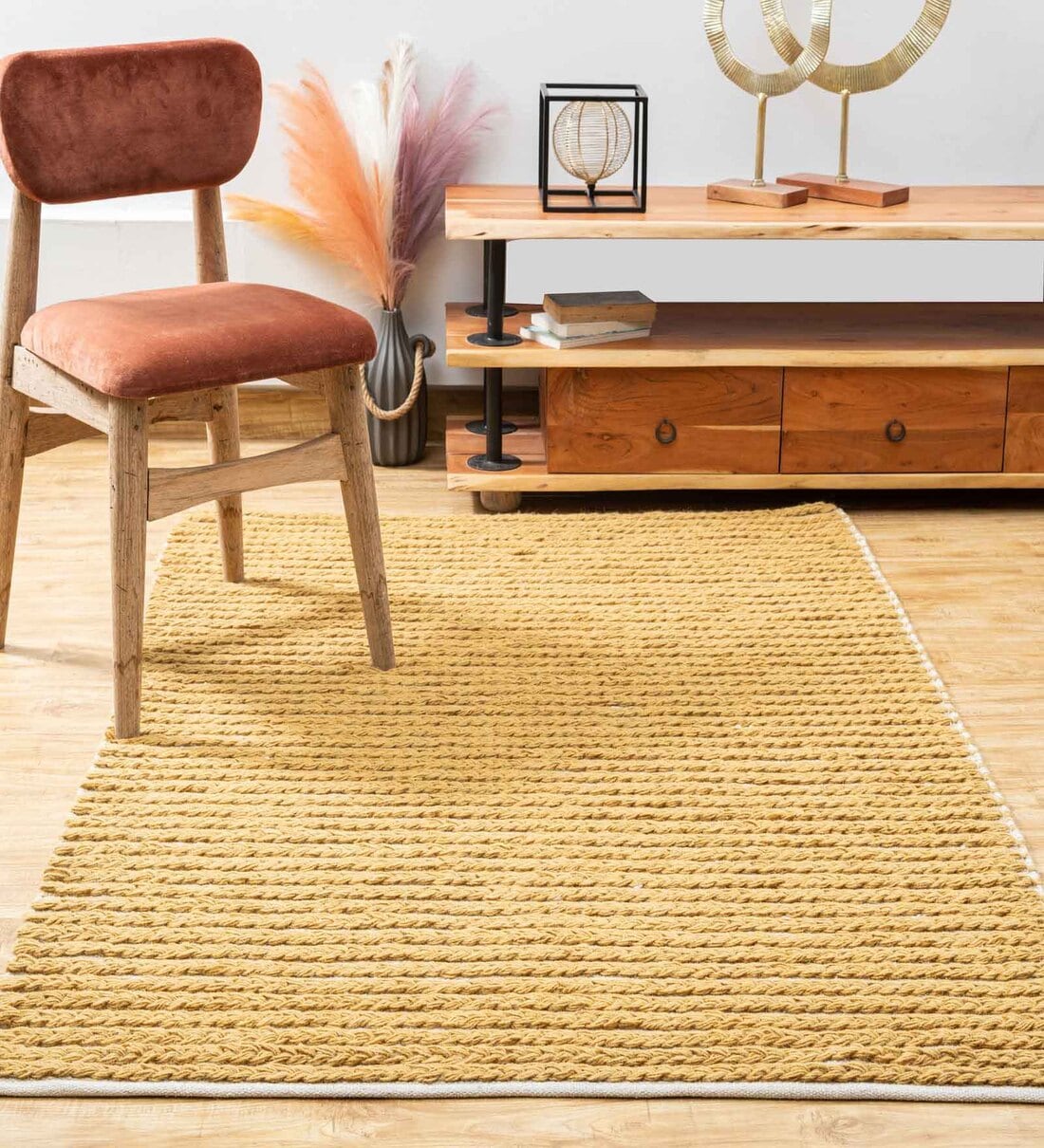 Buy Mustard & White Wool and Cotton Abstract 9 feet x 6 feet Hand Woven