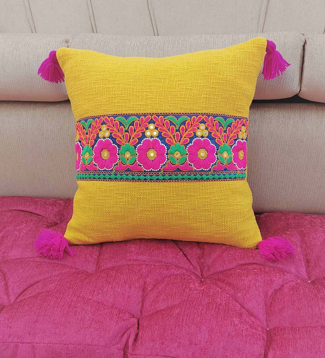 Buy Mustard Cotton Floral 16 x 16 Inches Cushion Cover by Throwpillow Online Traditional Print