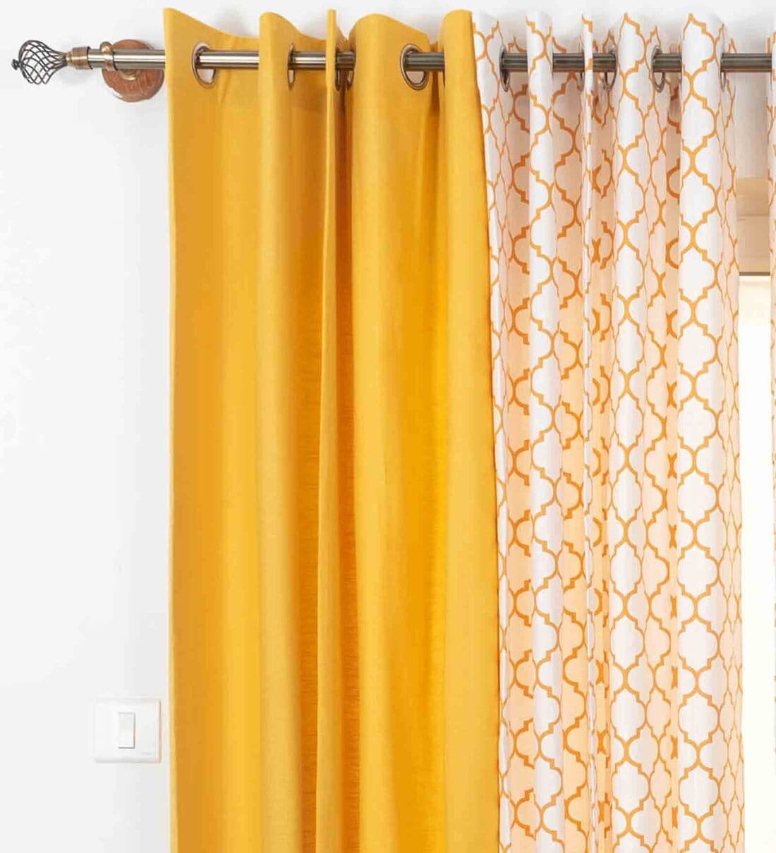 Buy Mustard Cotton Geometric 7.5Ft Semisheer Eyelet 4 Door Curtains by