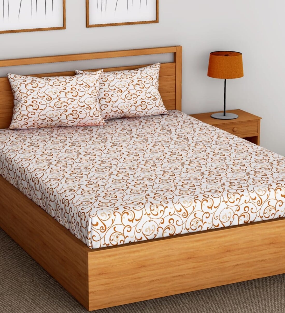 Buy Mustard Floral 144 TC 100 Cotton Fitted Bedsheet & 2 Pillow Covers