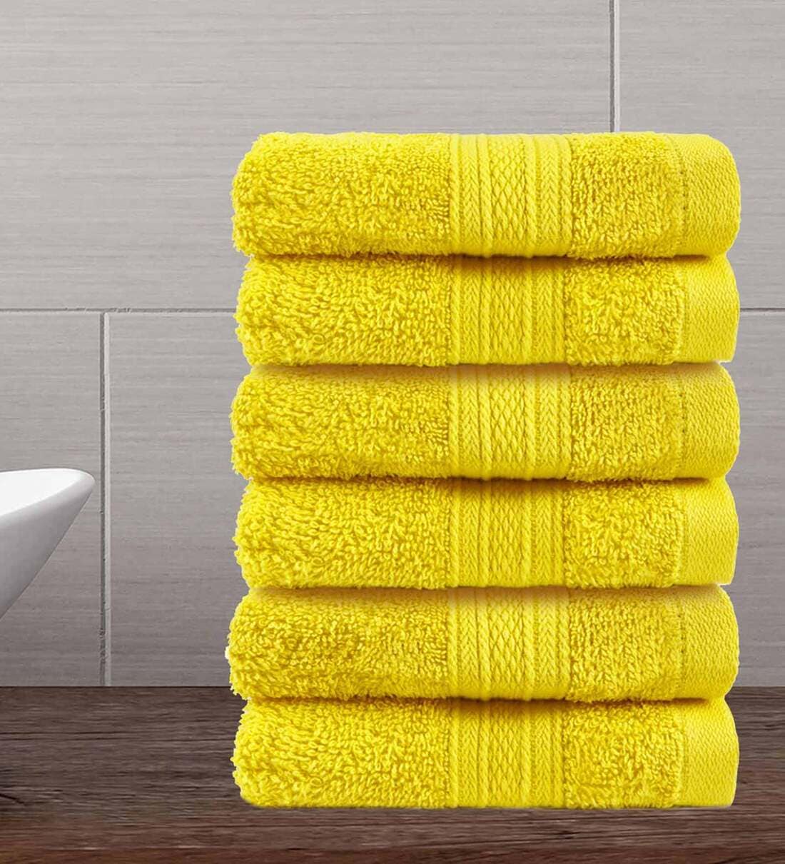 Buy Mustard Yellow 500 GSM 100 Cotton Face Towel (Set of 6) by Trident