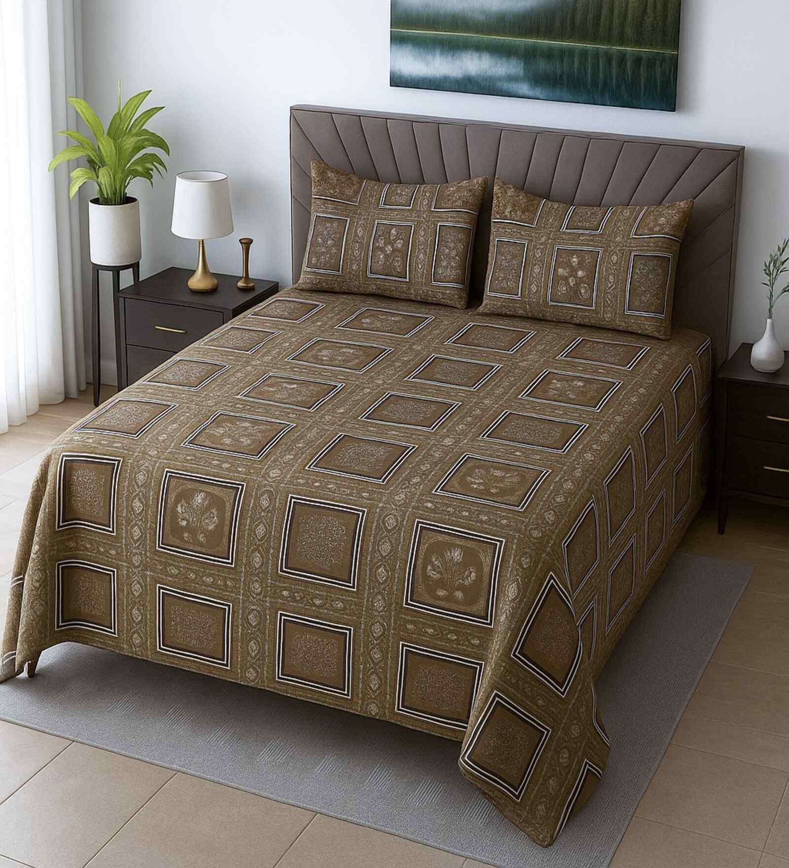 Mud Brown Floral 400 TC Cotton Queen Size Bedsheet with 2 Pillow covers Essential Series Collection