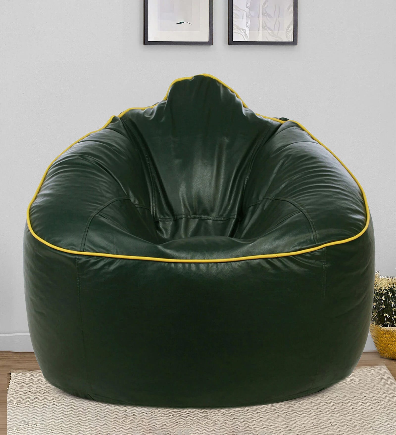 Muddha  Leatherette Bean Bag with Beans in Yellow Piping & Dark Green Colour