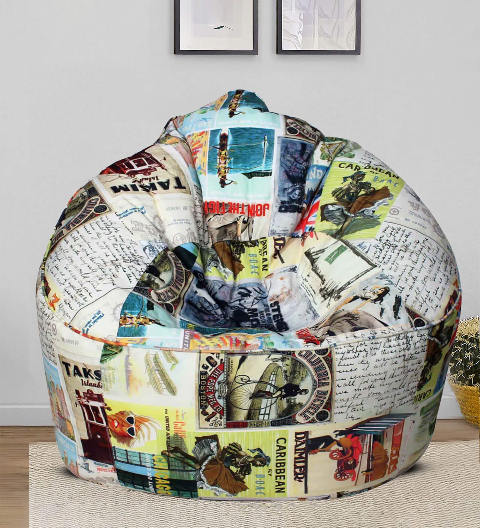 Muddha Canvas Fabric Bean Bag With Beans in Travel Print Colour